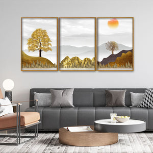 Golden Trees with Beautiful Sunrise Premium Floating Canvas Wall Painting Set of Three