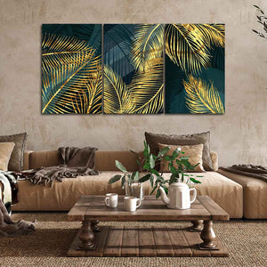 Golden Tropical Palm Leaves Canvas Wall Painting 3 Pieces