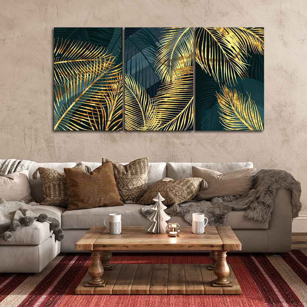 Golden Tropical Palm Leaves Canvas Wall Painting 3 Pieces