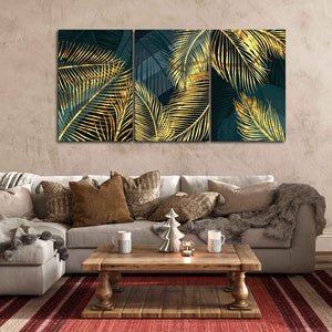 Golden Tropical Palm Leaves Canvas Wall Painting 3 Pieces