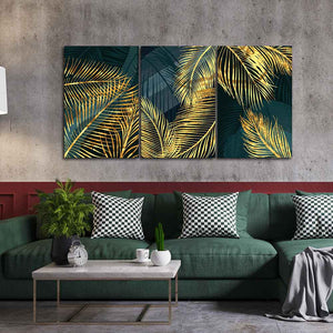 Golden Tropical Palm Leaves Canvas Wall Painting 3 Pieces