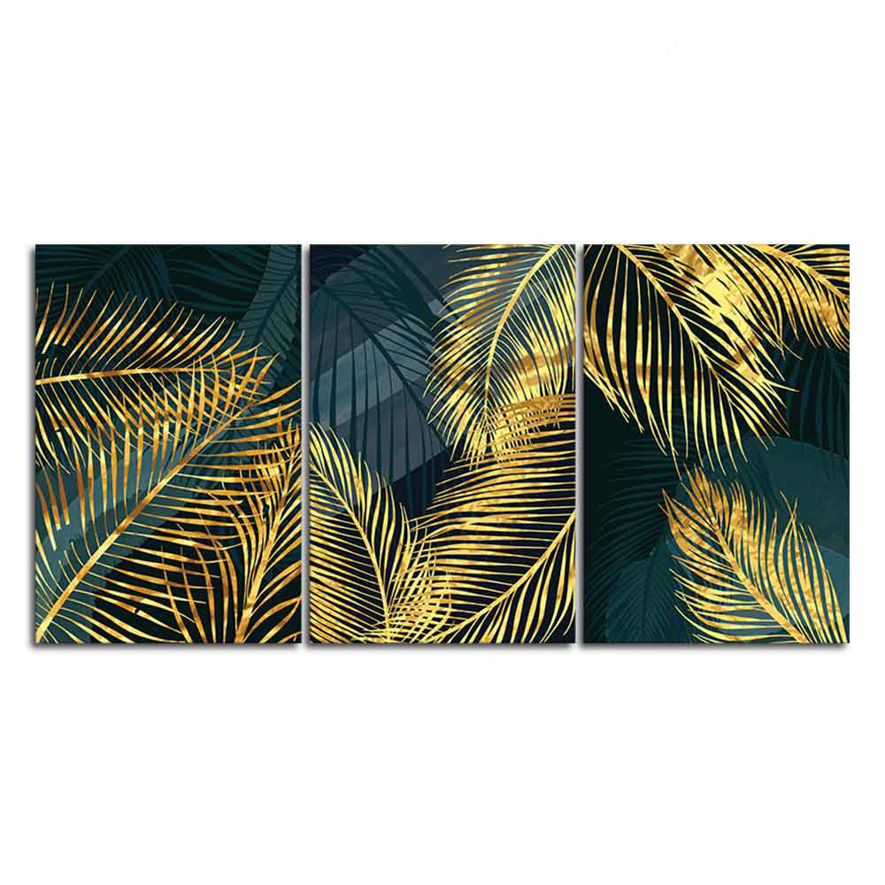 Golden Tropical Palm Leaves Canvas Wall Painting 3 Pieces