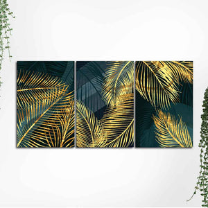 Golden Tropical Palm Leaves Canvas Wall Painting 3 Pieces