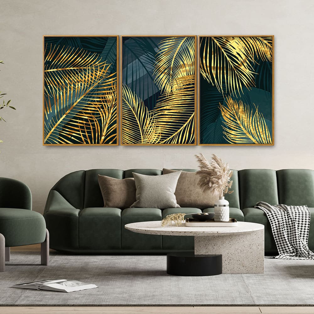 Golden Tropical Palm Leaves Floating Canvas Wall Painting Set of Three