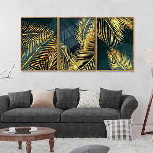 Golden Tropical Palm Leaves Floating Canvas Wall Painting Set of Three