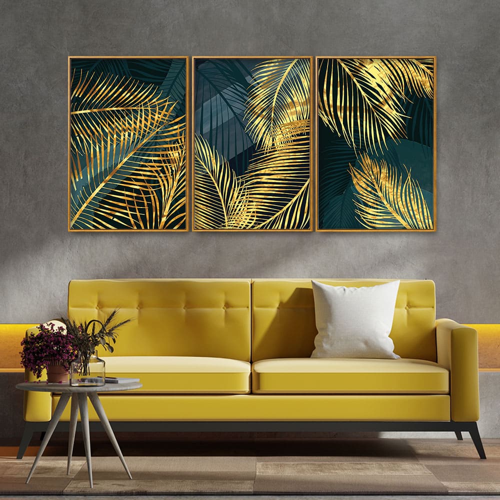 Golden Tropical Palm Leaves Floating Canvas Wall Painting Set of Three