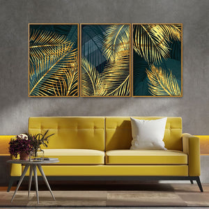 Golden Tropical Palm Leaves Floating Canvas Wall Painting Set of Three