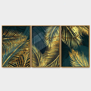 Golden Tropical Palm Leaves Floating Canvas Wall Painting Set of Three