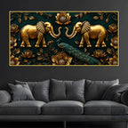 Golden Twin Elephants and Royal Peacock 3D Canvas Wall Painting