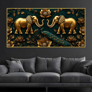 Golden Twin Elephants and Royal Peacock 3D Canvas Wall Painting
