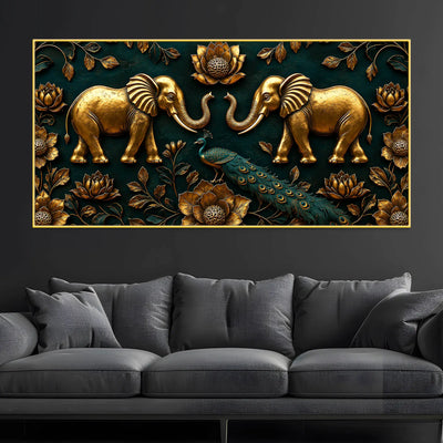 Golden Twin Elephants and Royal Peacock 3D Canvas Wall Painting