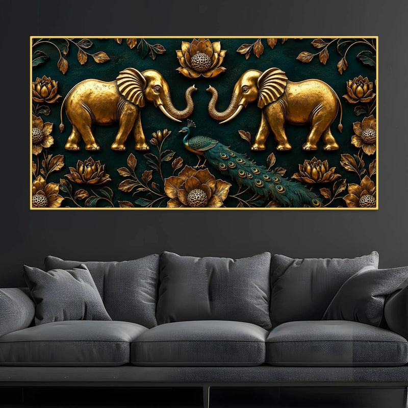 Golden Twin Elephants and Royal Peacock 3D Canvas Wall Painting