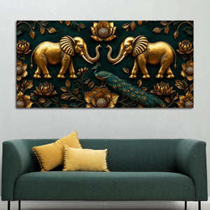 Golden Twin Elephants and Royal Peacock 3D Canvas Wall Painting