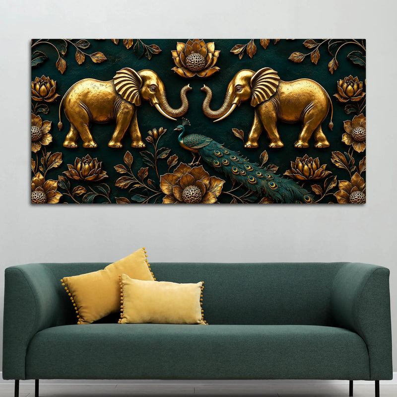 Golden Twin Elephants and Royal Peacock 3D Canvas Wall Painting