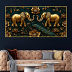 Golden Twin Elephants and Royal Peacock 3D Canvas Wall Painting