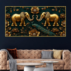 Golden Twin Elephants and Royal Peacock 3D Canvas Wall Painting