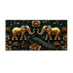 Golden Twin Elephants and Royal Peacock 3D Canvas Wall Painting