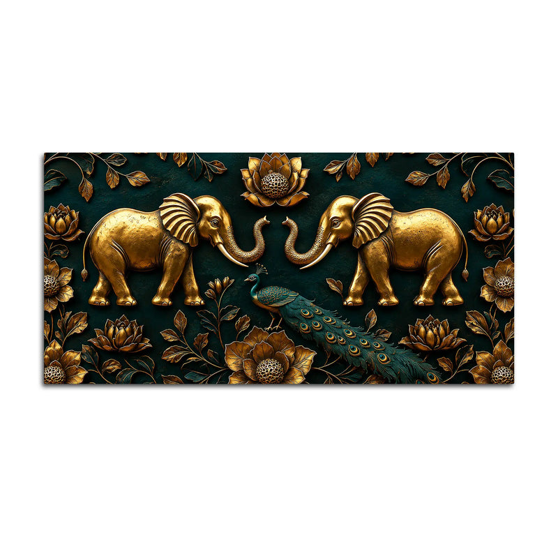 Golden Twin Elephants and Royal Peacock 3D Canvas Wall Painting