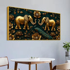 Golden Twin Elephants and Royal Peacock 3D Canvas Wall Painting