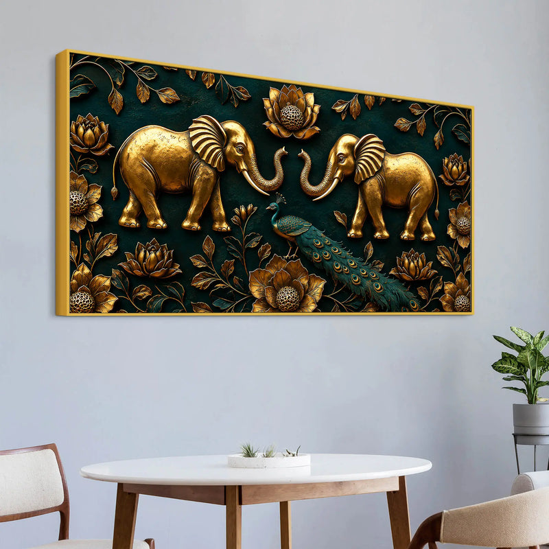 Golden Twin Elephants and Royal Peacock 3D Canvas Wall Painting