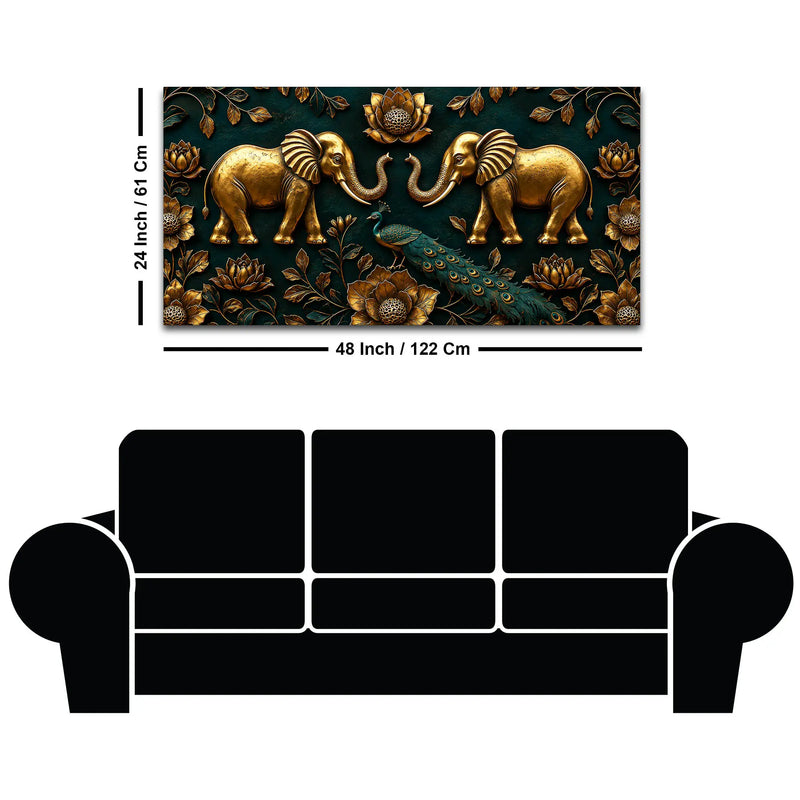 Golden Twin Elephants and Royal Peacock 3D Canvas Wall Painting