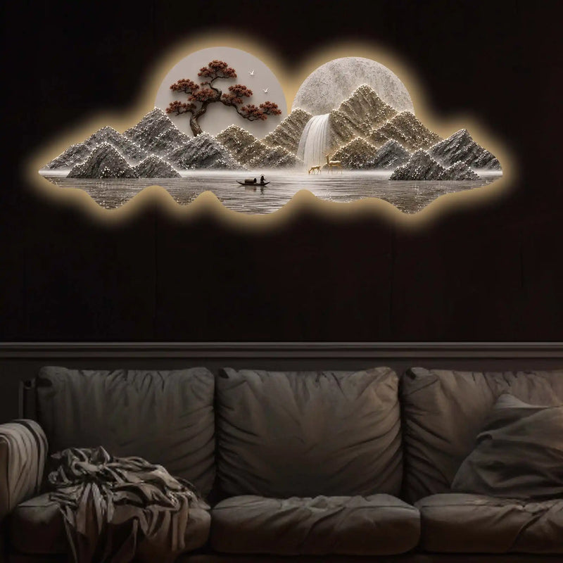 Golden Waterfall Mountain Landscape Premium Crystal Glass Backlit LED Painting
