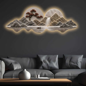Golden Waterfall Mountain Landscape Premium Crystal Glass Backlit LED Wall Art