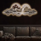 Golden Waterfall Mountain Landscape Premium Crystal Glass Backlit LED Wall Art
