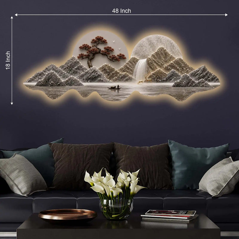 Golden Waterfall Mountain Landscape Premium Crystal Glass Backlit LED Wall Art