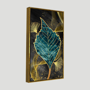 Golden Waves Shapes Turquoise and Green Leaf Feather Canvas Wall Painting