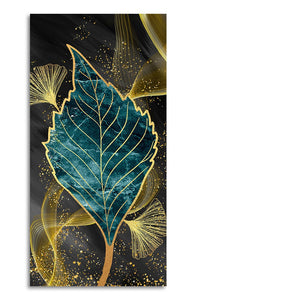 Golden Waves Shapes Turquoise and Green Leaf Feather Canvas Wall Painting