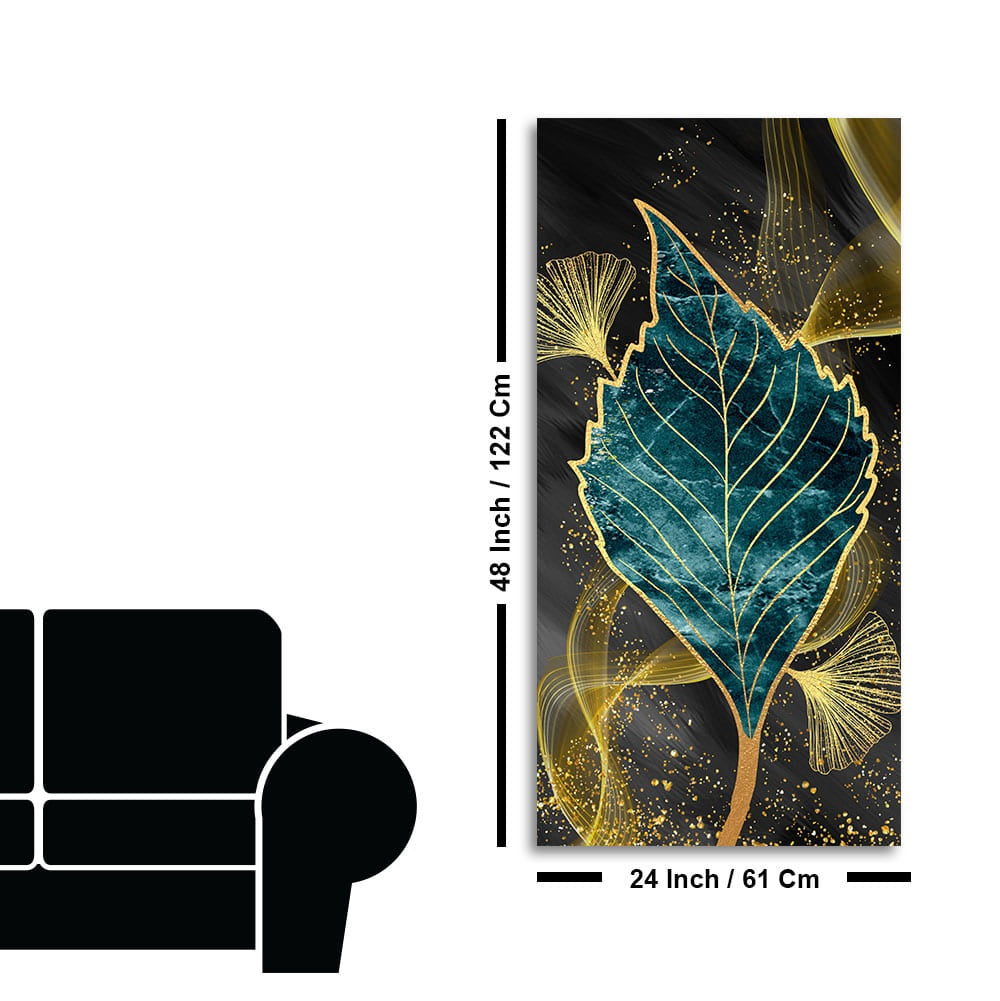 Golden Waves Shapes Turquoise and Green Leaf Feather Canvas Wall Painting