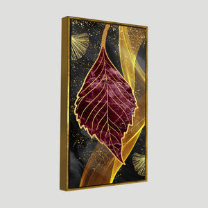 Golden Waves Shapes Turquoise and Red Leaf Feather Canvas Wall Painting