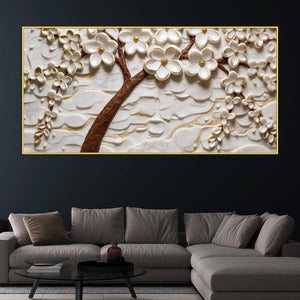 Golden White Cherry Blossom Tree Premium 3D Canvas Wall Painting