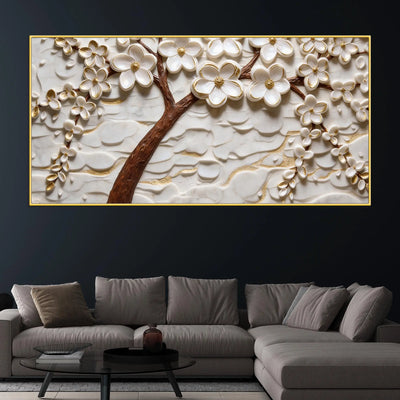 Golden White Cherry Blossom Tree Premium 3D Canvas Wall Painting