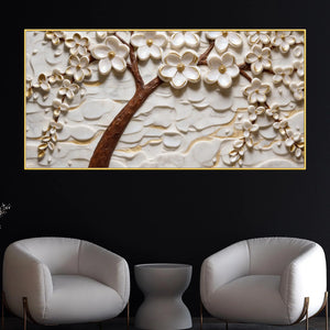 Golden White Cherry Blossom Tree Premium 3D Canvas Wall Painting