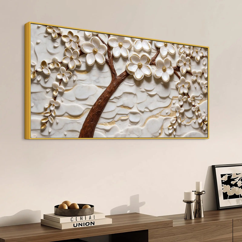 Golden White Cherry Blossom Tree Premium 3D Canvas Wall Painting