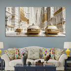 Golden & White Metropolitan Taxi Street 3D Canvas Wall Painting