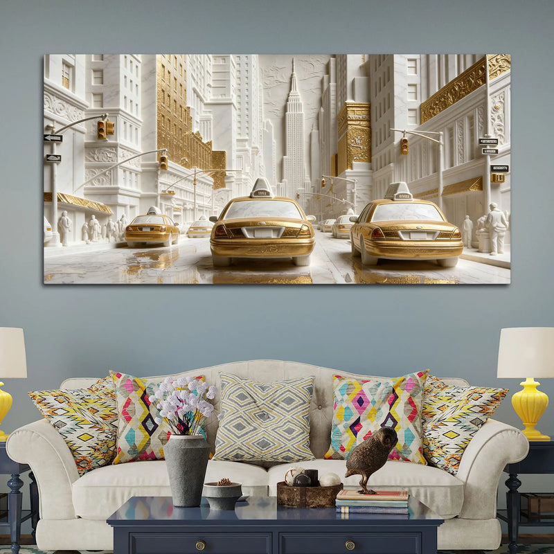 Golden & White Metropolitan Taxi Street 3D Canvas Wall Painting