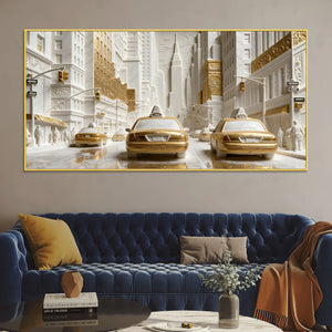 Golden & White Metropolitan Taxi Street 3D Canvas Wall Painting