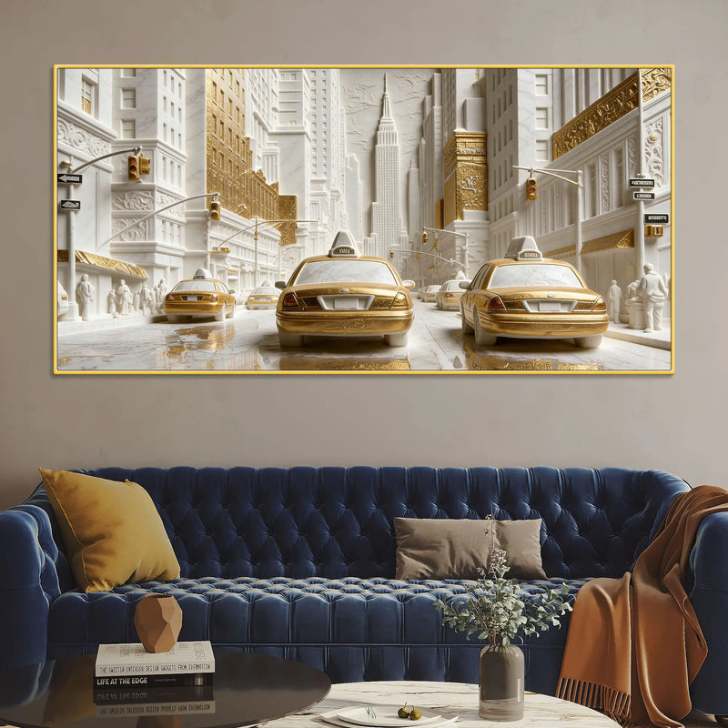 Golden & White Metropolitan Taxi Street 3D Canvas Wall Painting
