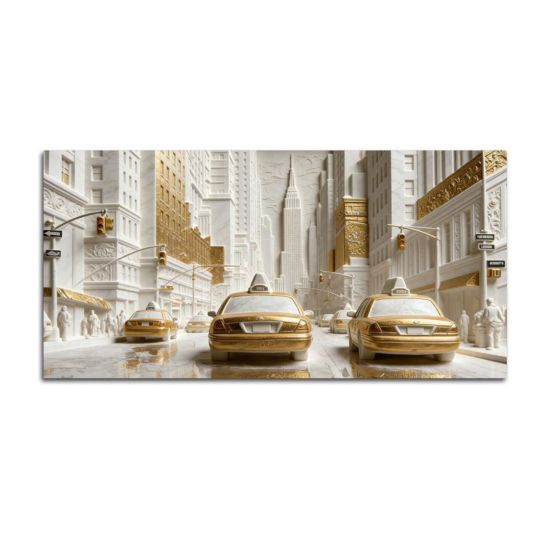 Golden & White Metropolitan Taxi Street 3D Canvas Wall Painting