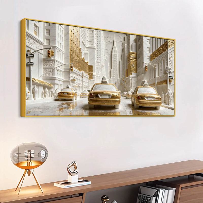 Golden & White Metropolitan Taxi Street 3D Canvas Wall Painting