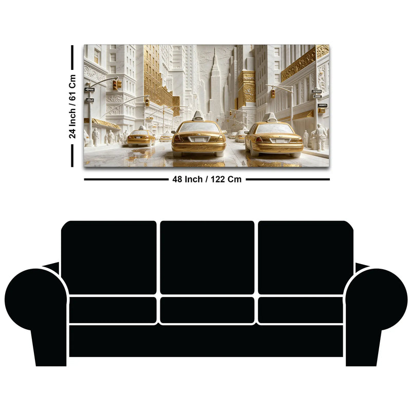 Golden & White Metropolitan Taxi Street 3D Canvas Wall Painting