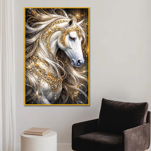 Golden White Stallion Floating Frame Crystal Wall Painting
