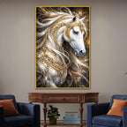 Golden White Stallion Floating Frame Crystal Wall Painting