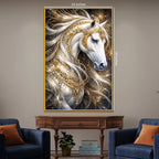 Golden White Stallion Floating Frame Crystal Wall Painting