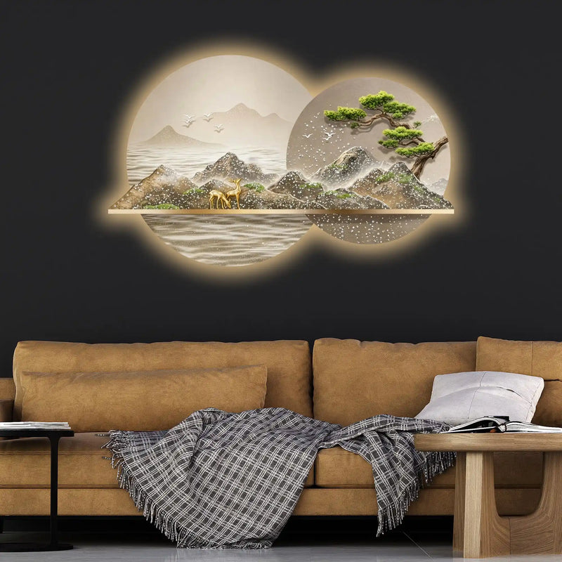 Golden Wilderness Reflection Premium Crystal Glass Backlit LED Wall Art