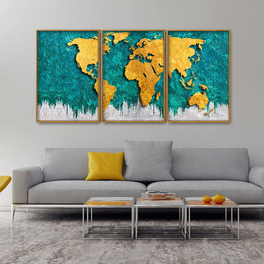 Golden World Map Floating Canvas Wall Painting Set of Three