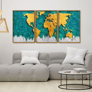 Golden World Map Floating Canvas Wall Painting Set of Three